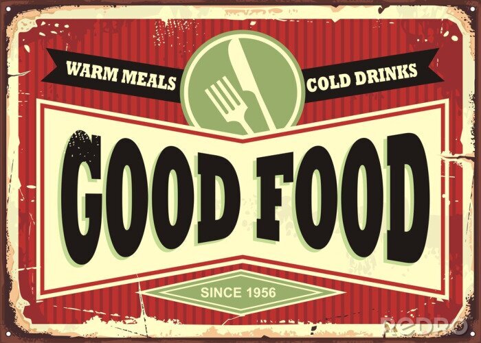 Canvas Goed eten, warme maaltijden en koude dranken retro bordontwerp. Traditioneel bordontwerp voor restaurant of diner. Thema eten en drinken.