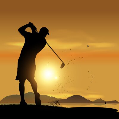 Canvas Golfer silhouet bij zonsondergang