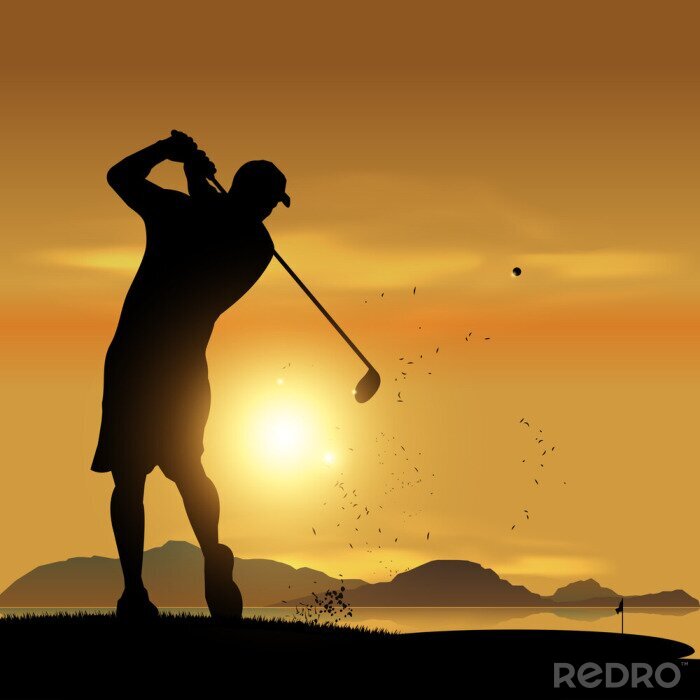 Canvas Golfer silhouet bij zonsondergang