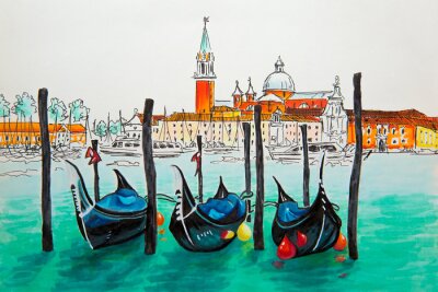 Canvas Gondels afgemeerd door San Marco plein met San Giorgio di Maggiore kerk op de achtergrond in de lagune van Venetië, Italia. Foto gemaakt markers