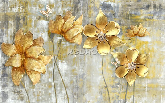 Canvas Gouden elegante bloemen