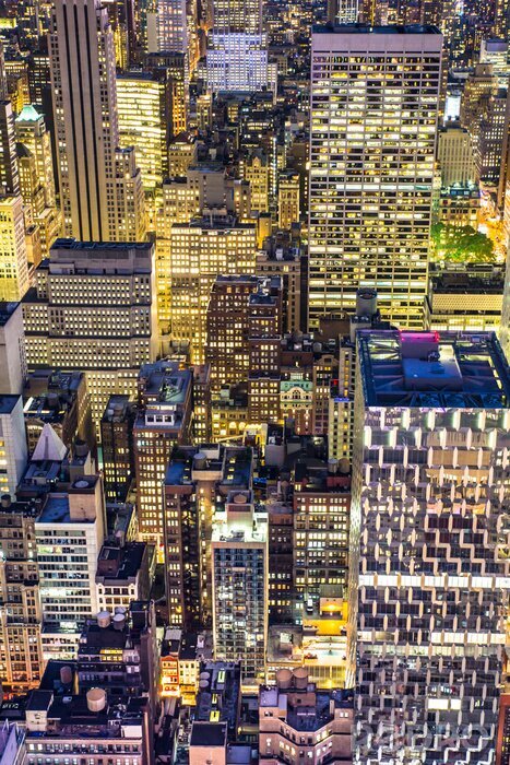 Canvas Gouden stadslandschap van New York City gebouwen en de lichten 's nachts