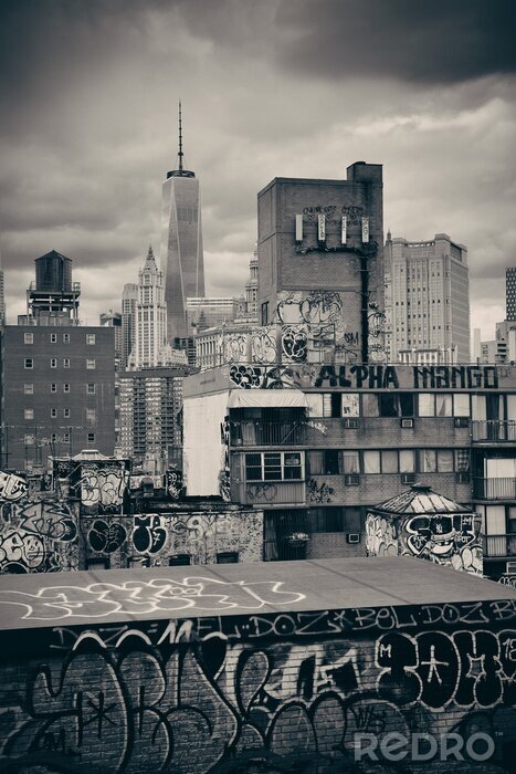 Canvas Graffiti and urban buildings in downtown Manhattan.