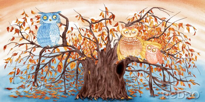 Canvas Grafische uilen op de boom