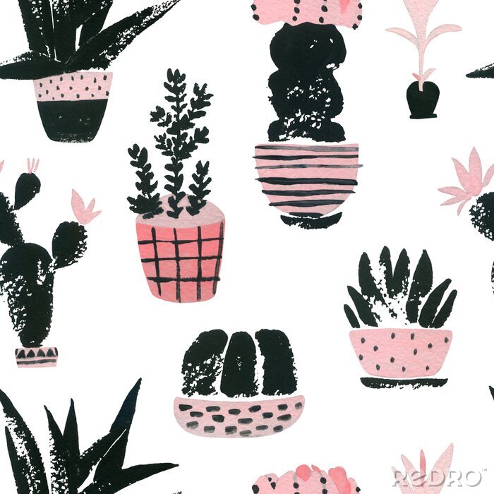 Canvas Graphic seamless pattern with cute cacti in ornated pots. Hand painted botanical illustration with watercolor and grunge textures.