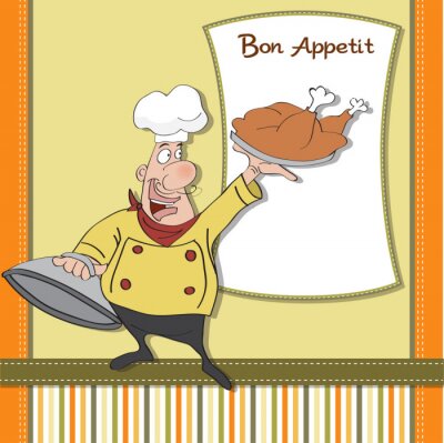 Canvas grappige cartoon chef-kok met lade van voedsel in de hand