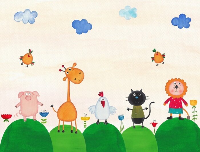 Canvas Grappige dieren op groene heuvels