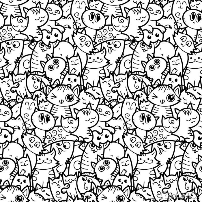 Canvas Grappige doodle katten en kittens naadloze patroon voor prints, ontwerpen en kleurboeken