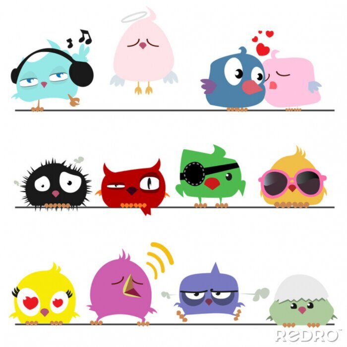 Canvas Grappige kleurrijke vogels die op een rij zitten