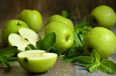 Canvas Groene appels met muntblaadjes.