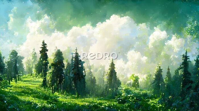 Canvas Groene boomgaard in de mist