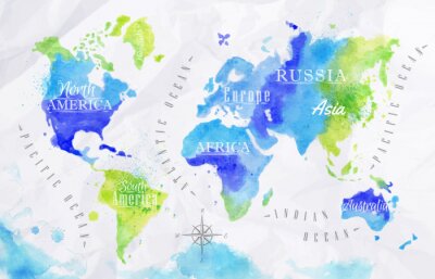 Canvas Groene en blauwe aquarel wereldkaart