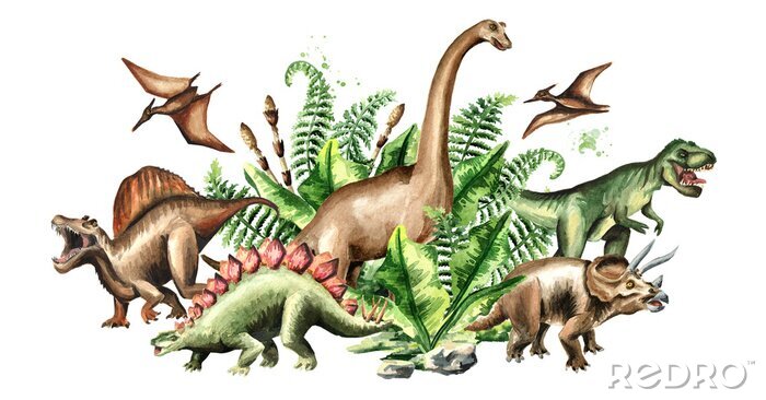 Canvas Groep dinosaurussen met aquarel planten