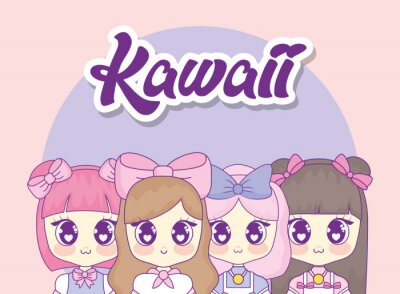 Canvas groep van schattige kawaii meisjes personages vector illustratie ontwerp