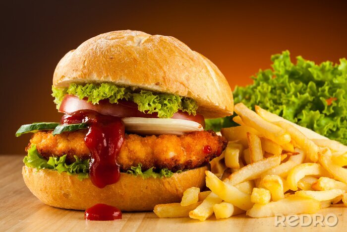 Canvas Grote hamburger, frietjes en groenten