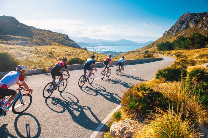 Canvas Group of cyclist ride together on road bicycles in beautiful nature. Sunset light, sea in background.