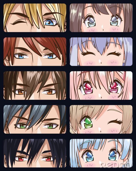 Canvas group of faces young people anime style characters
