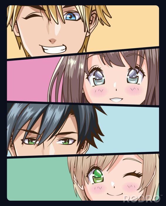 Canvas group of faces young people anime style characters