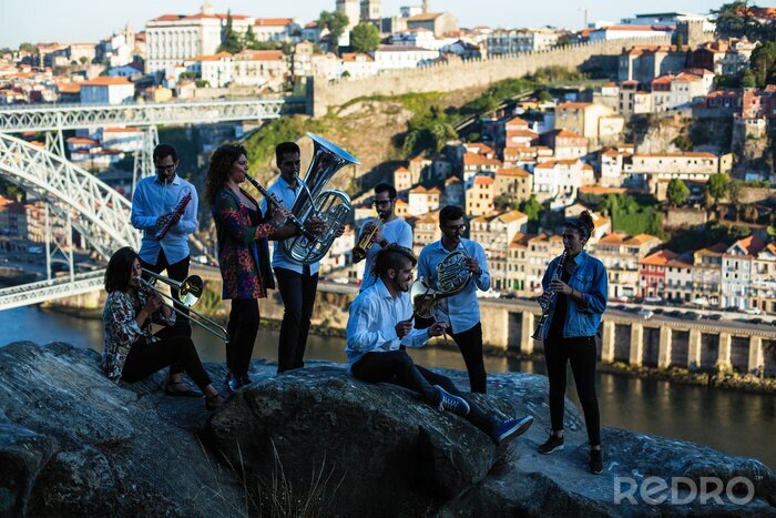 Canvas Group of musicians, Jazz band, play music in the old Porto, Portugal.