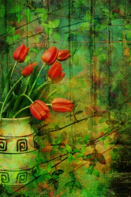 Canvas Grunge, achtergrond van de lente met rode tulpen