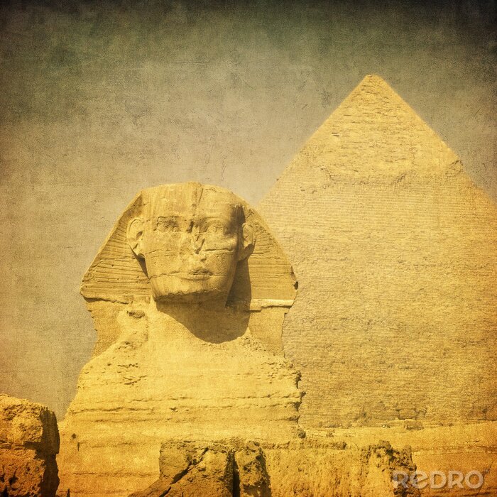 Canvas grunge beeld van sphynx en piramide