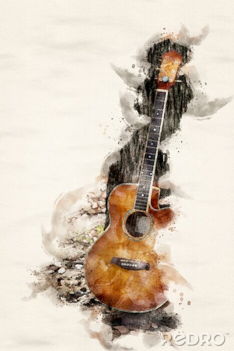 Canvas guitar leaning on tree in watercolors