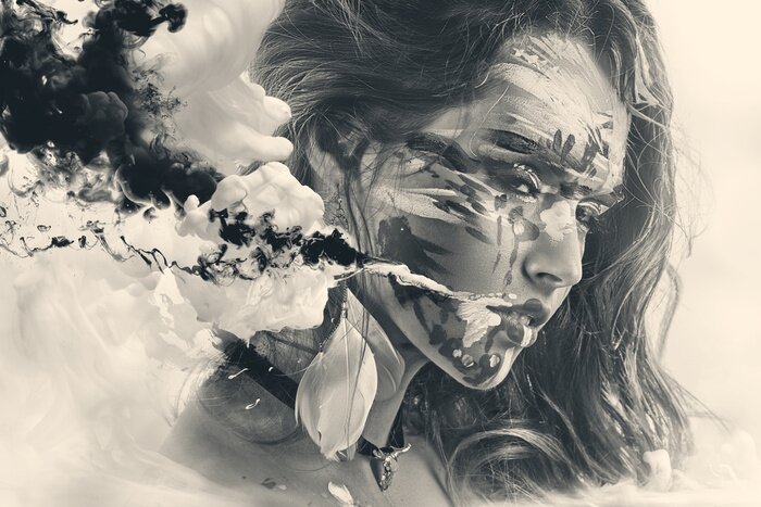 Canvas Halloween Geschilderd mooie vrouw gezicht, artistieke make-up, lichaam en gezicht kunst, close-up. Gezichtsuitdrukking, emoties. Blood Halloween schoonheid mode-stijl in de kleuren rood, geel, blauw k