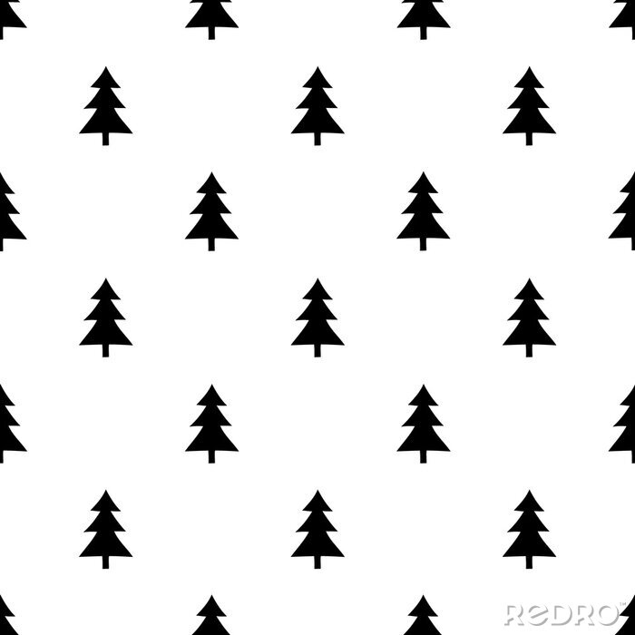 Canvas Hand drawing Christmas tree seamless pattern in minimalism black and white style. Packaging and decoration.