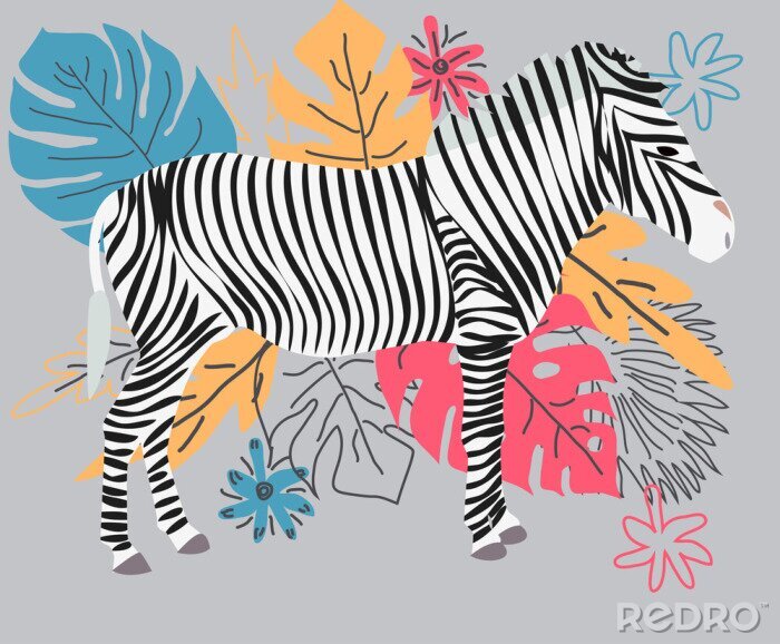 Canvas Hand drawn colorful zebra with flowers, Monstera, a bouquet. Zebra - word with cute design. Scandinavian style design.