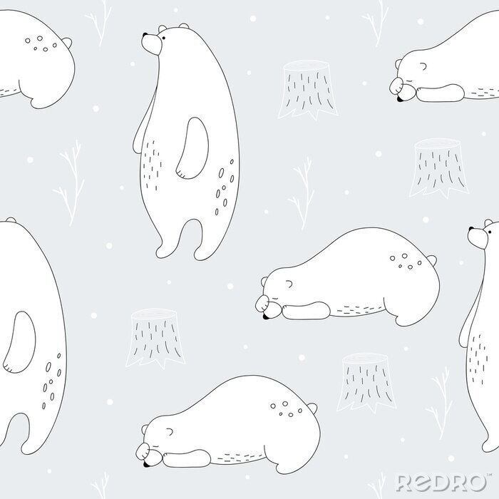 Canvas Hand drawn polar bear winter print. Scandinavian print with cute bear. Seamless pattern with a bear