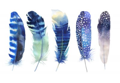 Canvas Hand drawn watercolor feather set. Boho style. Watercolour illustration