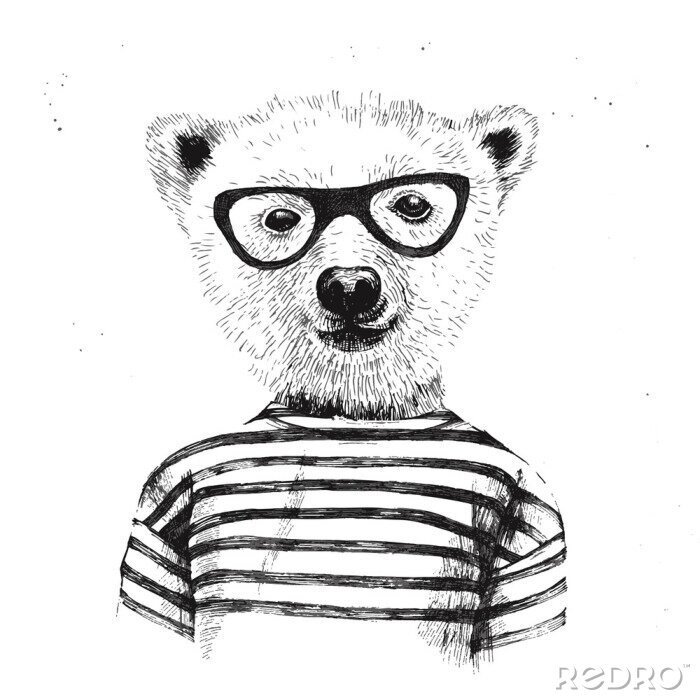 Canvas Hand getekende illustratie van verkleed hipster beer