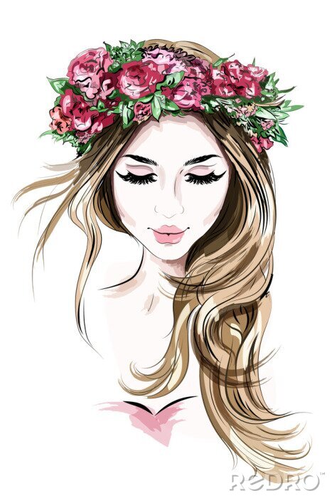 Canvas Hand getekende mooie jonge vrouw in bloemkrans. Leuk meisje met lang haar. Schetsen. Vector illustratie.