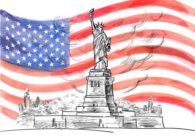 Canvas Hand getekende schets van het Amerikaanse symboolbeeld van Liberty. Waterverf vector vlag van de VS. Gemaakt met aangepaste kwasten, niet automatisch tracing.