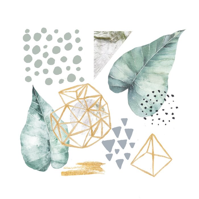 Canvas Hand getrokken illustratie met aquarel en marmeren elementen. Scandinavisch ontwerp.