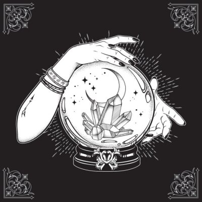 Hand getrokken magische kristallen bol met edelstenen en maansikkel in handen van fortune teller lijntekeningen en punt werk. Boho chic tattoo, poster, tapijtwerk of altaar sluier afdrukken ontwerp ve