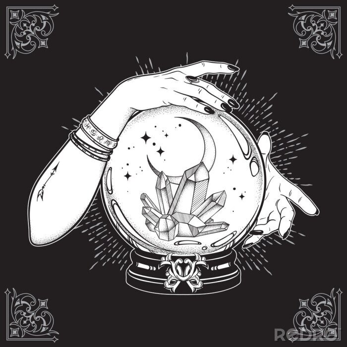 Canvas Hand getrokken magische kristallen bol met edelstenen en maansikkel in handen van fortune teller lijntekeningen en punt werk. Boho chic tattoo, poster, tapijtwerk of altaar sluier afdrukken ontwerp ve