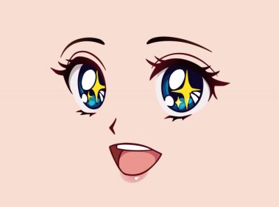 Canvas Happy anime face. Manga style big blue eyes, little nose and big kawaii mouth. Yellow sparkles in her eyes.