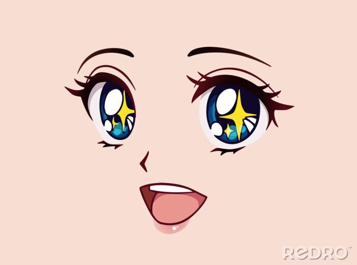 Canvas Happy anime face. Manga style big blue eyes, little nose and big kawaii mouth. Yellow sparkles in her eyes.