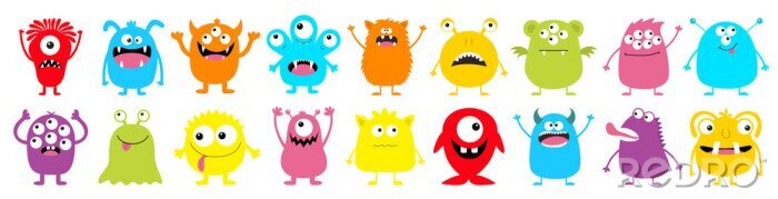 Canvas Happy Halloween. Monster colorful round silhouette icon super big set line. Eyes, tongue, tooth fang, hands up. Cute cartoon kawaii scary funny baby character.White background. Flat design.