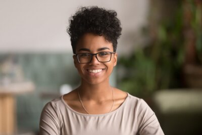 Canvas Headshot portrait of happy mixed race african girl wearing glasses