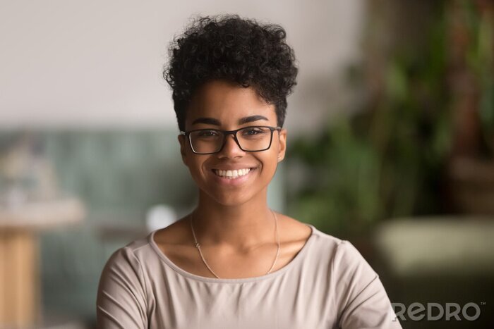 Canvas Headshot portrait of happy mixed race african girl wearing glasses