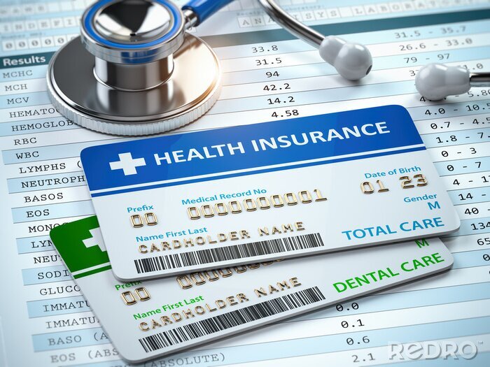 Canvas Health Insurance cards total and dental care with stethscope.