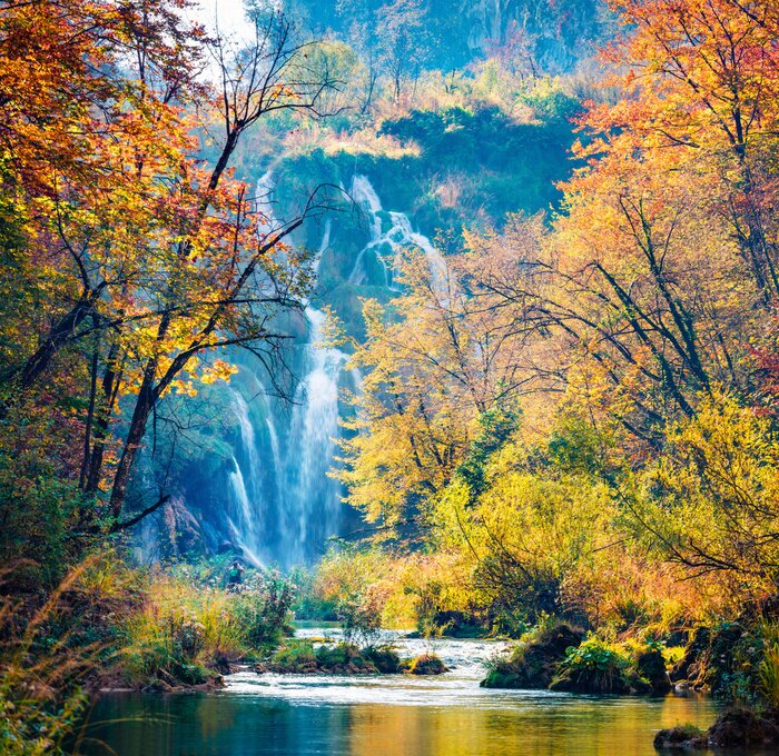 Canvas Herfst bos en waterval