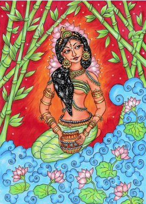 Canvas Het Indische traditionele schilderen van vrouw in aard, de muurschilderingstijl van Kerala met mooie sierachtergrond.
