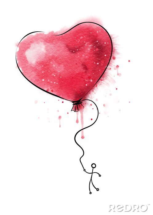 Canvas Het symbool van de rood hartballon van liefde met persoon flyin op het, waterverf.