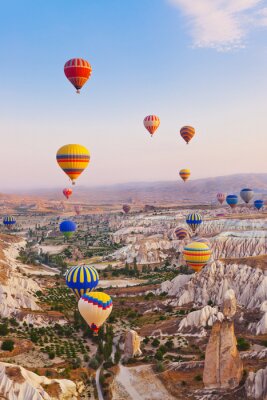 Hete luchtballon die over Cappadocia Turkije