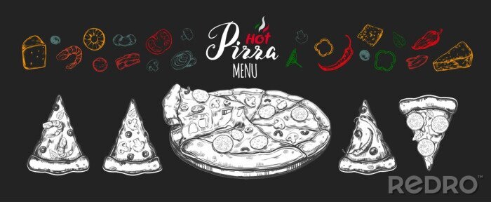 Canvas Hete pizzaset met ingrediënten en verschillende soorten pizzapunten 1