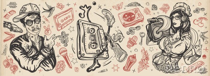 Canvas Hip hop music. Old school tattoo collection. Rap girl, swag woman, boom box. African American man rapper in baseball cap and glasses. Audio cassette, break dance. Tattooing musical street ghetto
