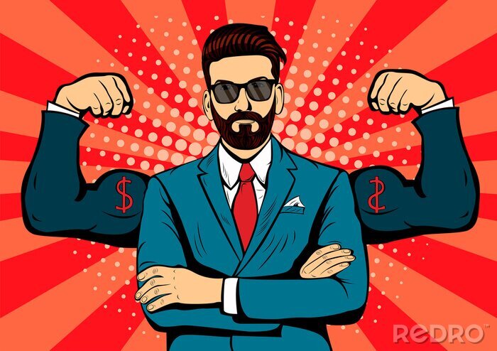 Canvas Hipster beard businessman with muscles pop art retro style. Strong Businessman in glasses in comic style. Success concept vector illustration.